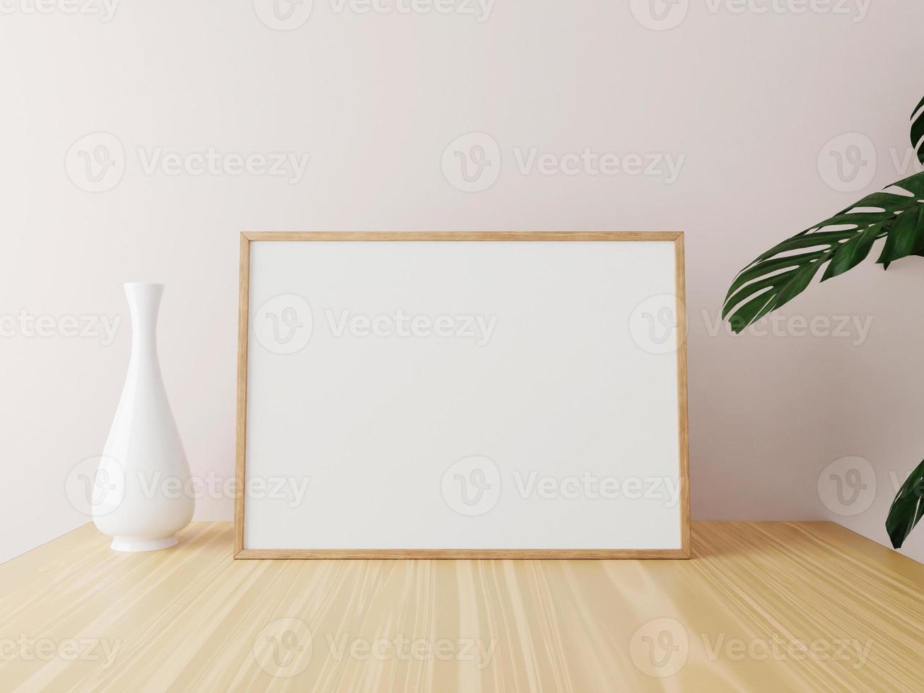 Horizontal wooden frame mockup on wooden table with vase and plants. 3d rendering. photo