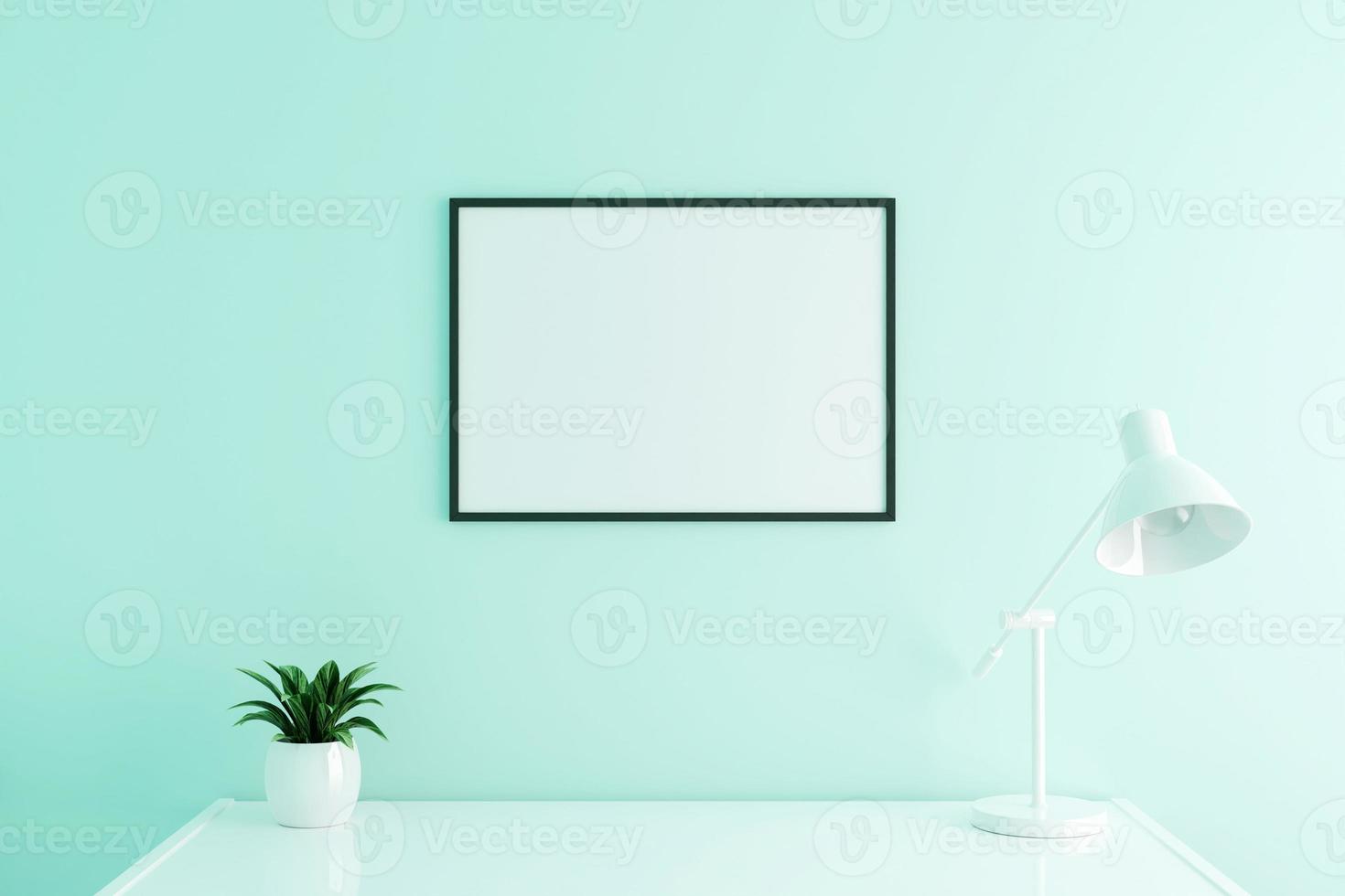 Maqueta de marco de póster horizontal negro en la mesa de trabajo en el interior de la sala de estar sobre fondo de pared de color blanco vacío. Representación 3D. foto