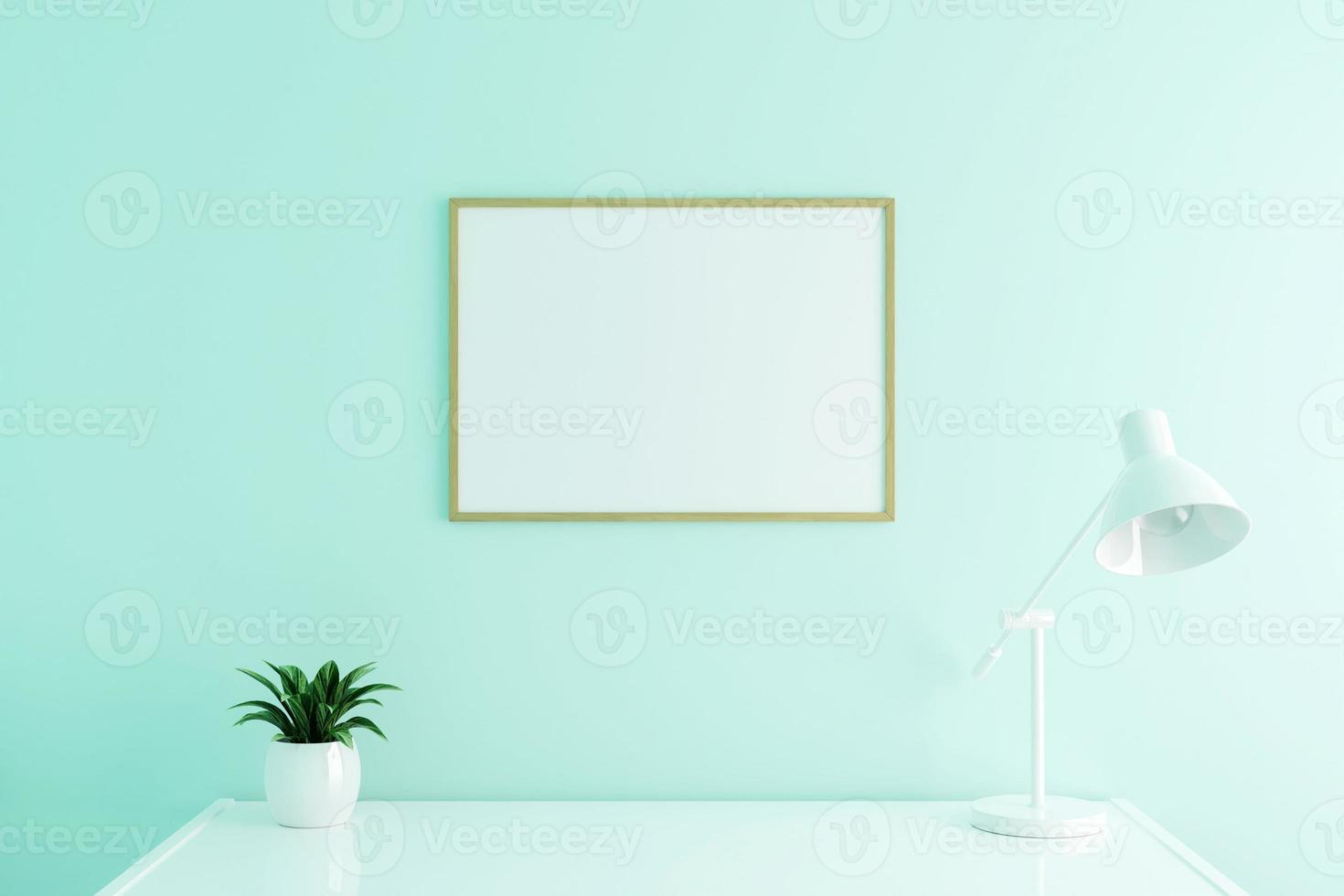 Horizontal wooden poster frame mockup on work table in living room interior on empty white color wall background. 3D rendering. photo