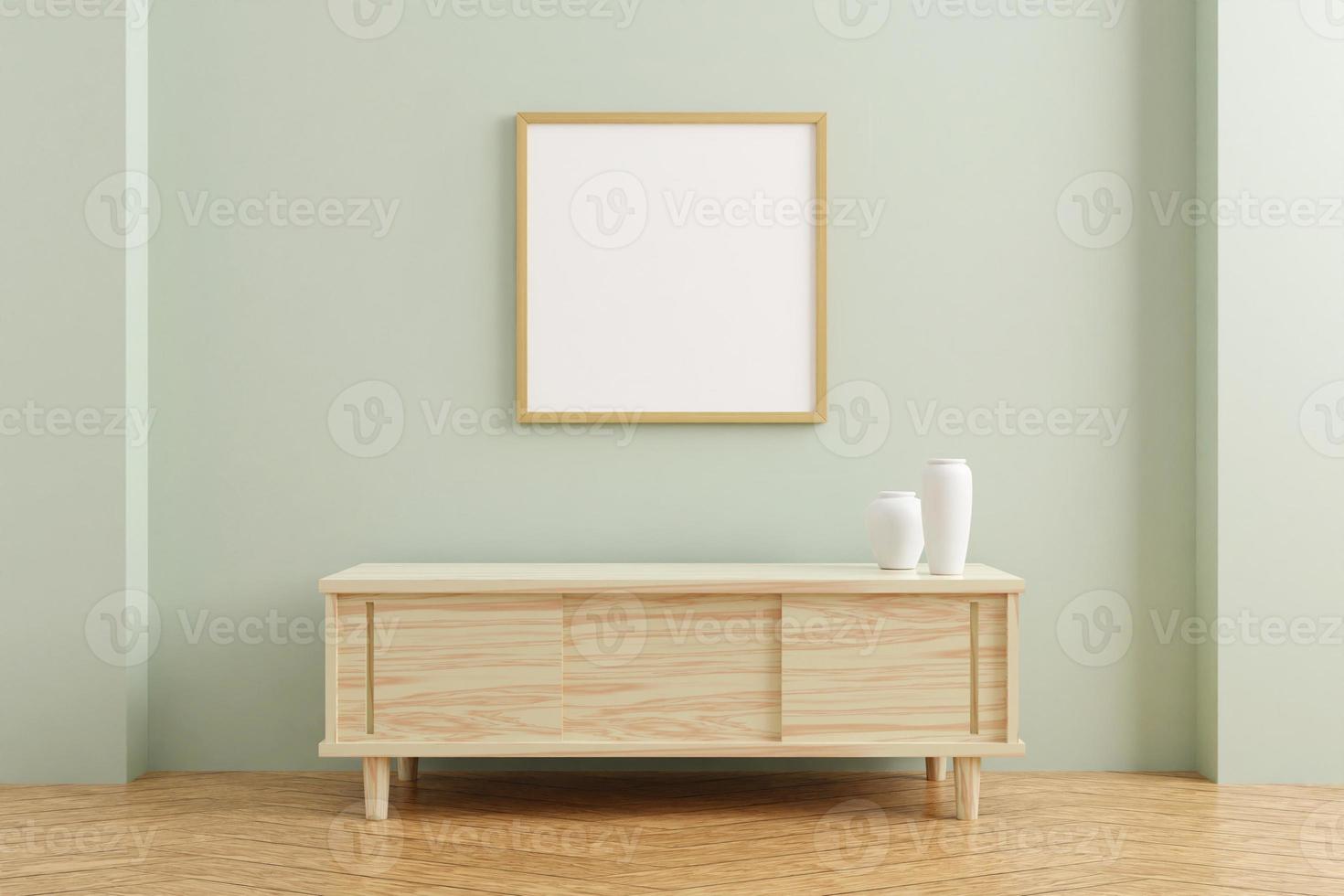 Square wooden poster frame mockup on wooden table in living room interior on empty pastel color wall background. 3D rendering. photo