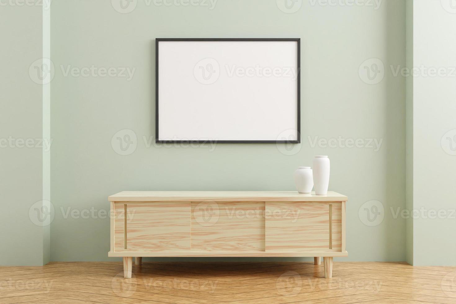 Black horizontal poster frame mockup on wooden table in living room interior on empty pastel color wall background. 3D rendering. photo