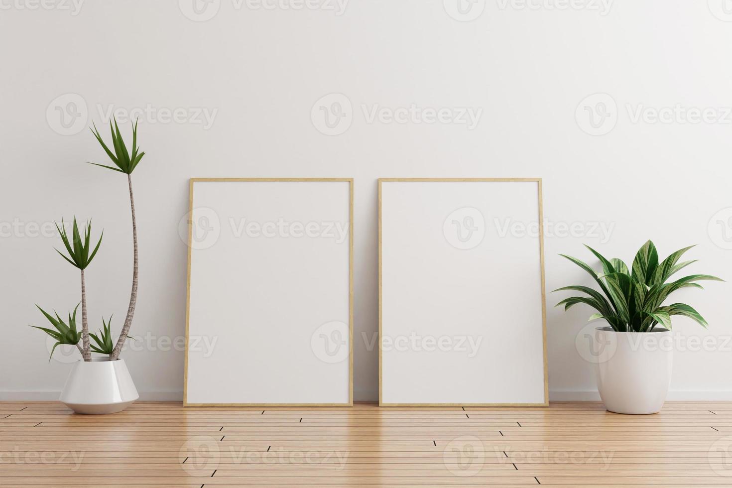 Two vertical wooden photo frame mockup on white wall empty room with plants on a wooden floor