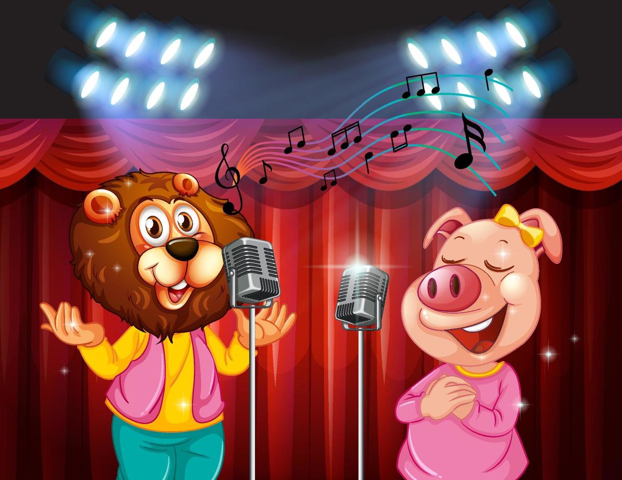 Little cute animals singing on stage vector