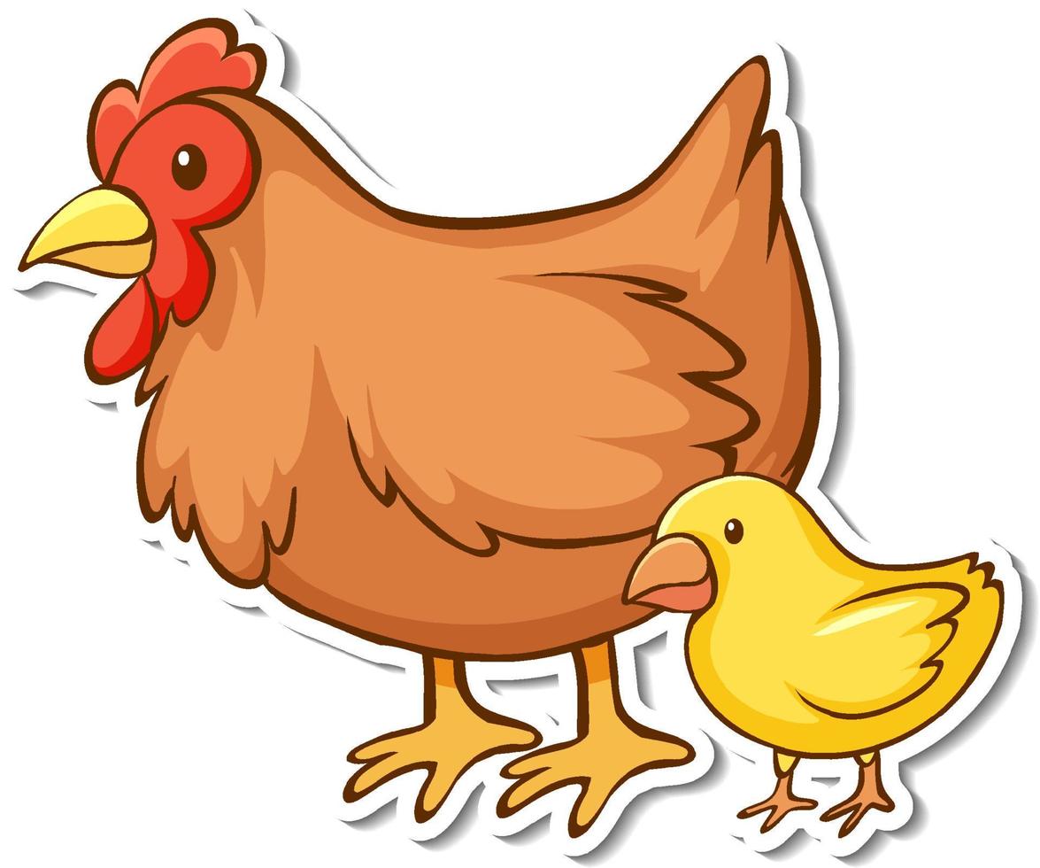 Hen with little chick in standing pose sticker vector