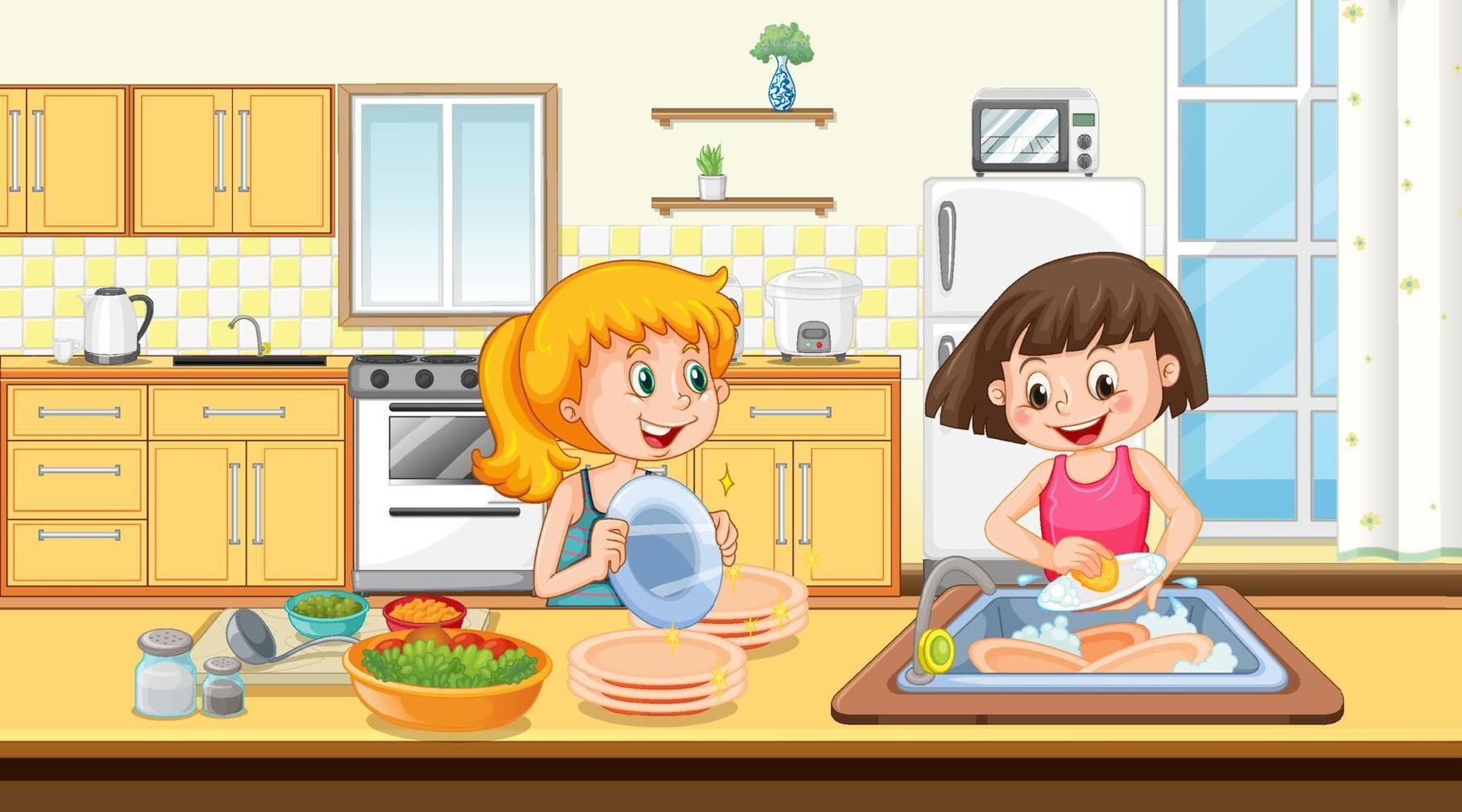 Scene with two girls washing dish in the kitchen vector