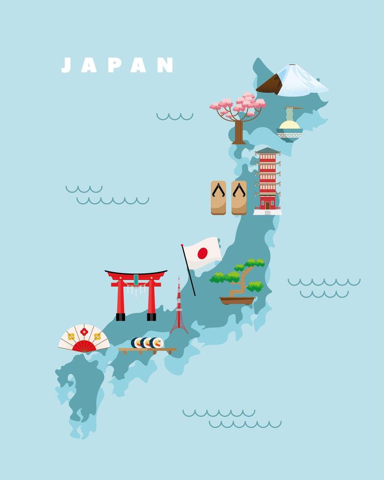 mapa e iconos de japón vector