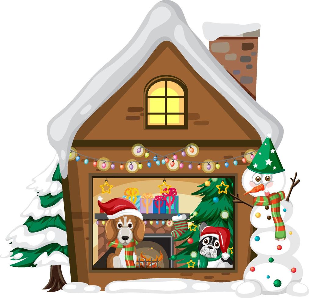 Dogs live in winter house in Christmas theme vector