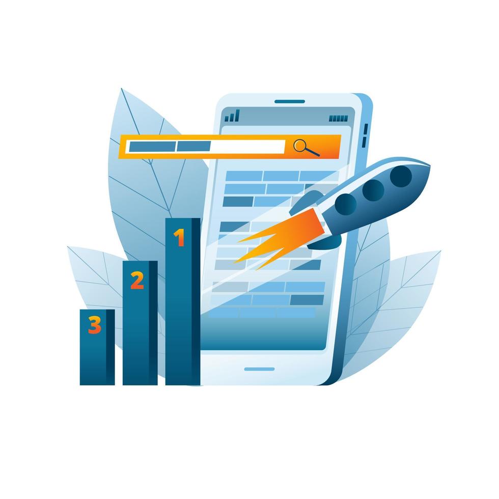 A mobile phone with search results, a ranking system and a rocket taking off vector