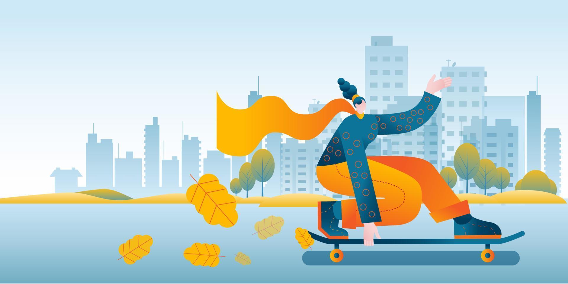 A girl in a bright scarf quickly rides a skateboard against the background of the city vector