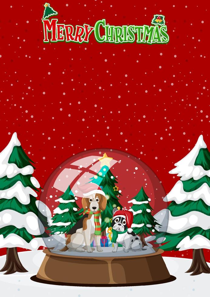 plantilla de cartel de feliz navidad con perros en snowdome vector