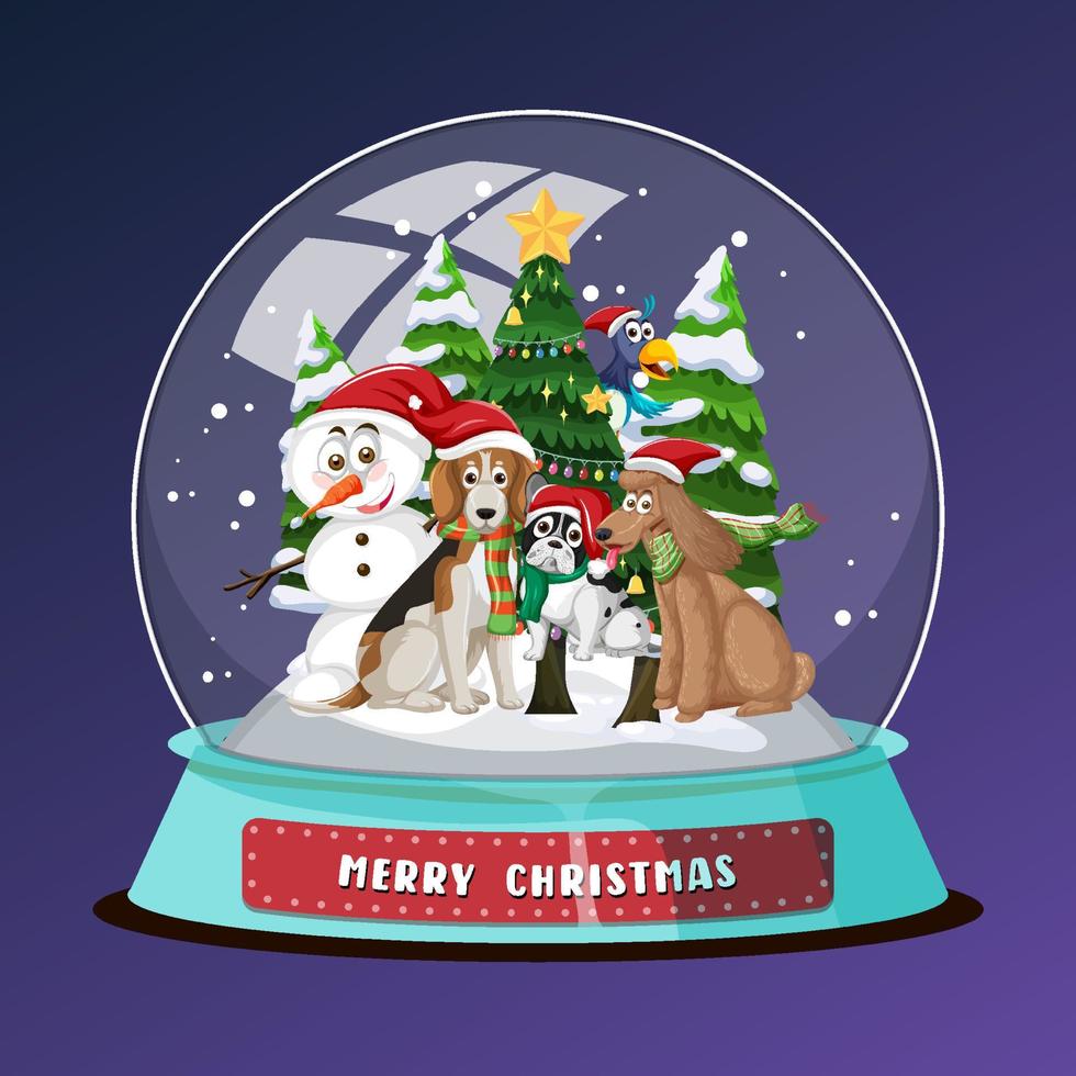 Perros navideños y muñeco de nieve en snowdome. vector