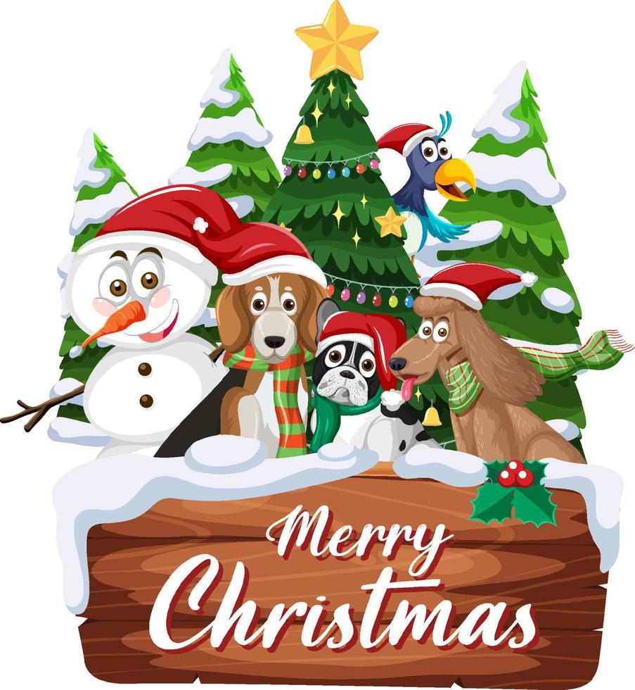 banner de feliz navidad con muñeco de nieve y animales personaje de dibujos animados vector