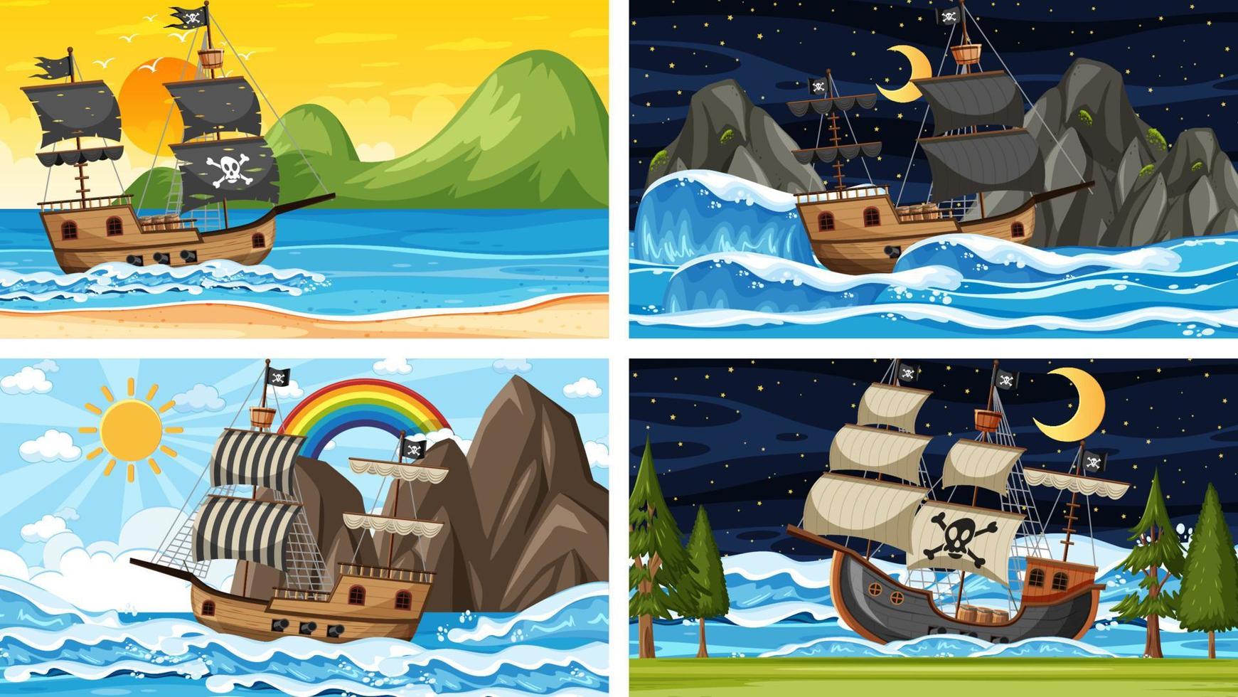 Set of different beach scenes with pirate ship vector