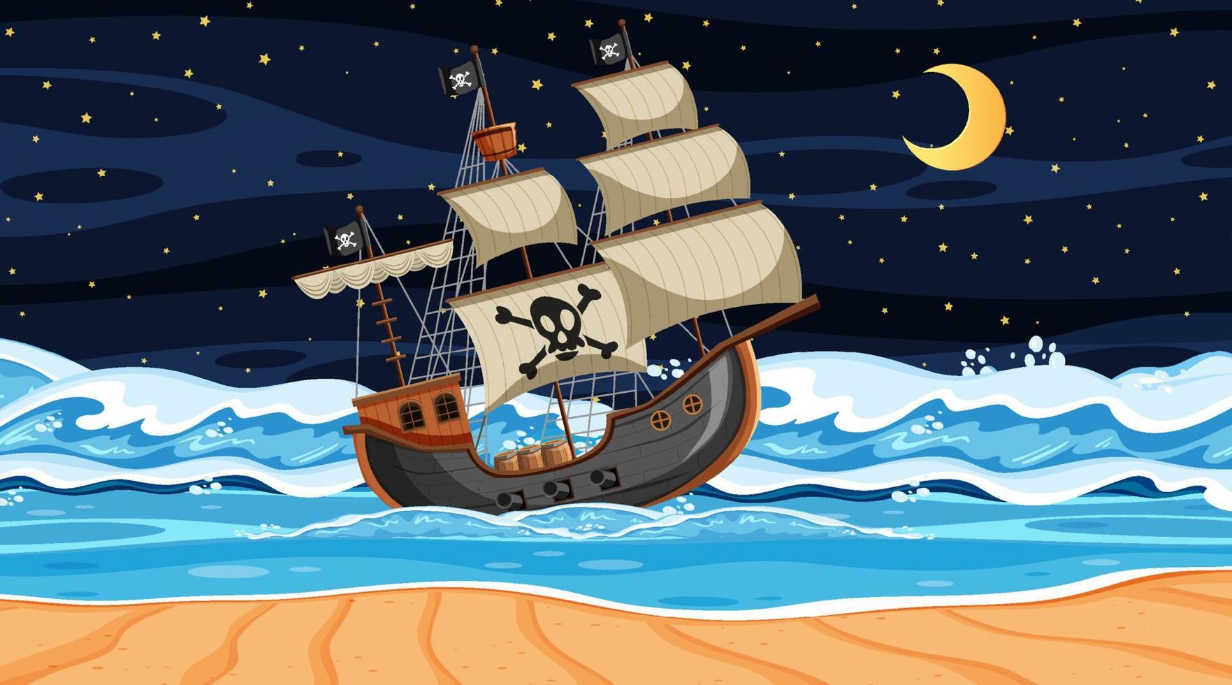 Escena de playa por la noche con barco pirata en estilo de dibujos animados vector