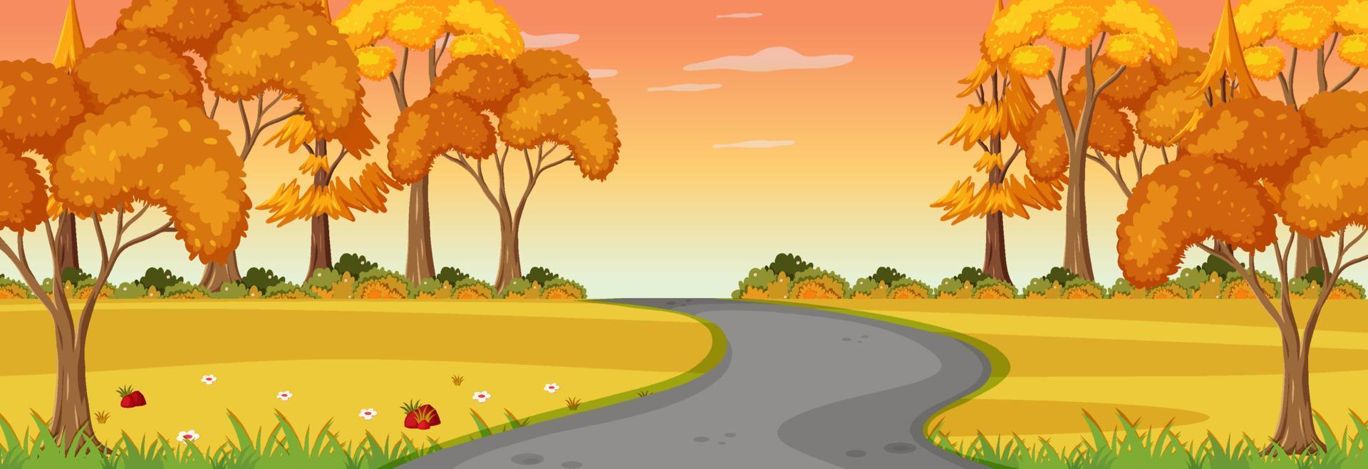 Autumn season with road through the park at sunset time horizontal scene vector