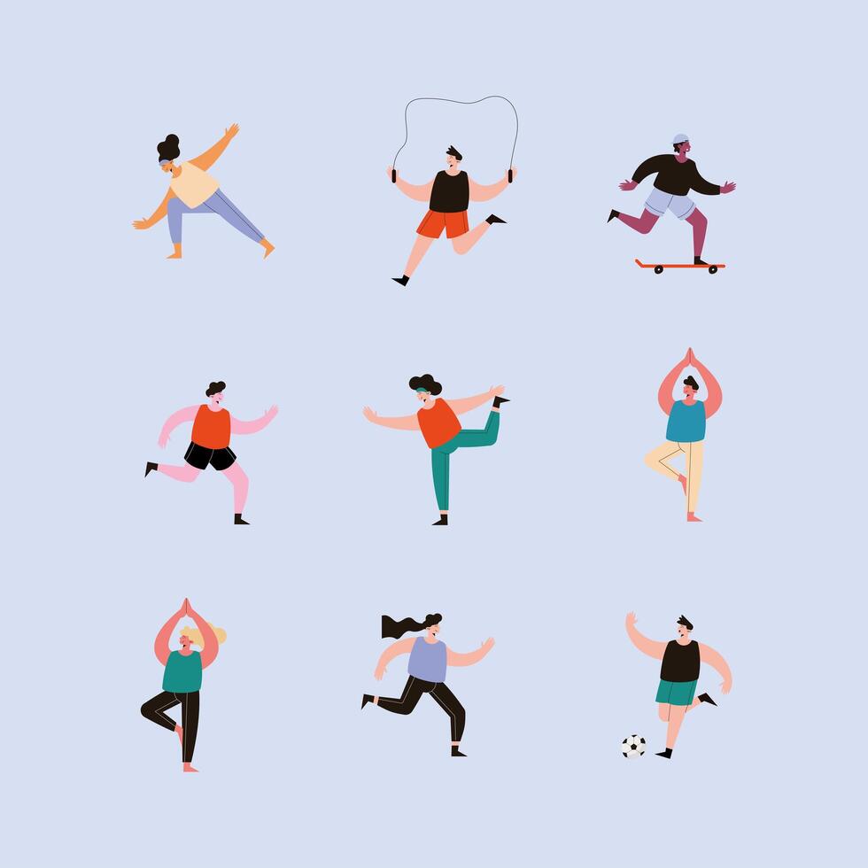 nine persons practicing sports vector