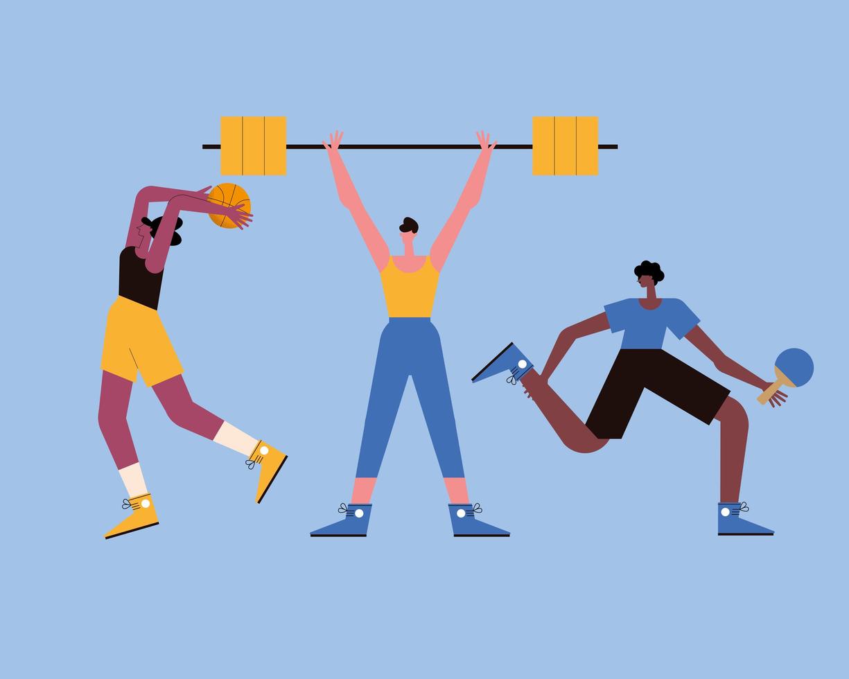 three persons practicing sports vector