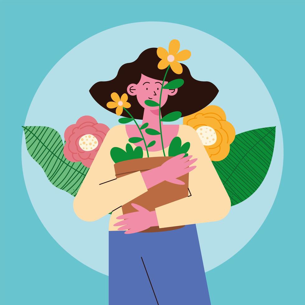 woman with houseplant scene vector