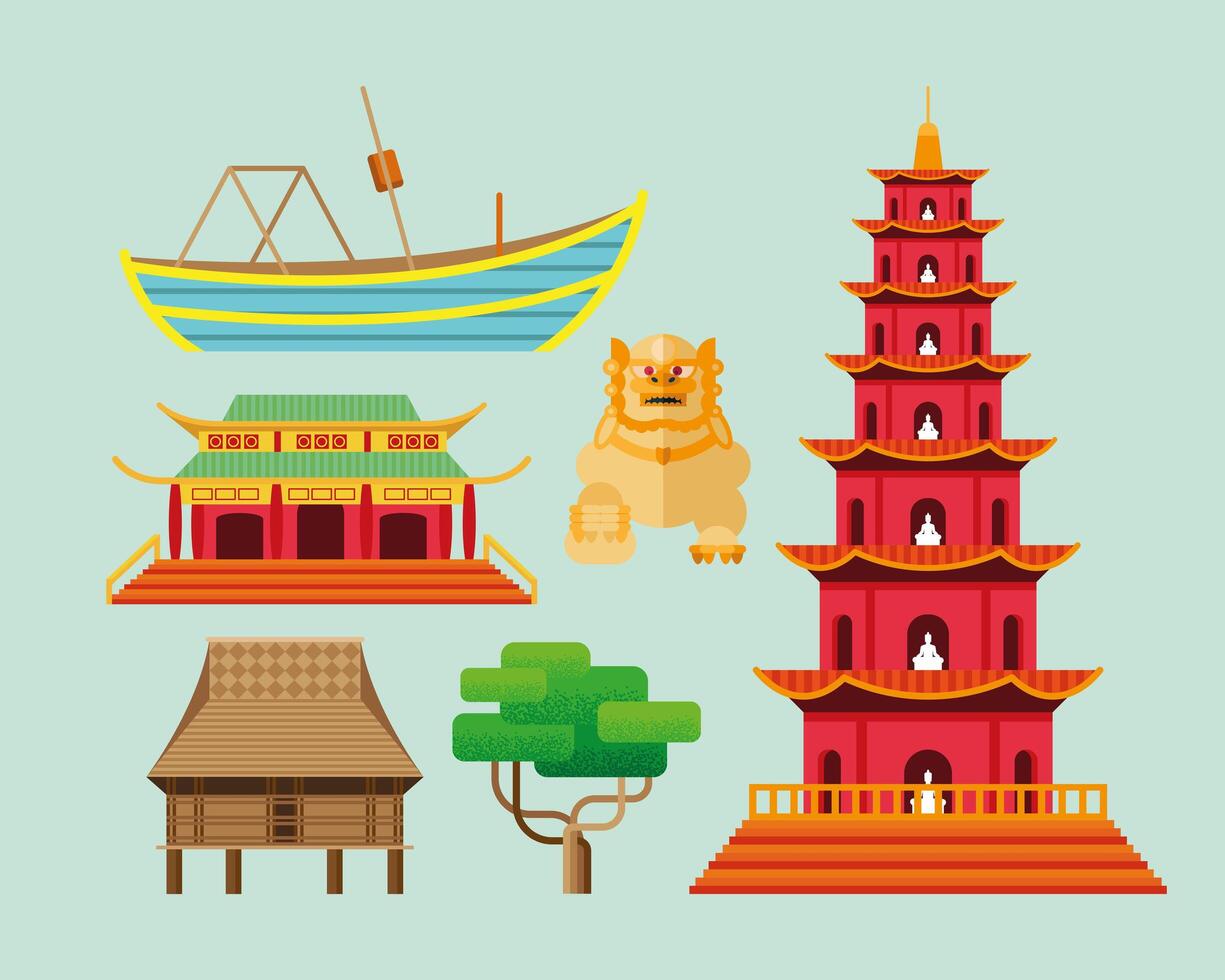 six vietnam culture icons vector
