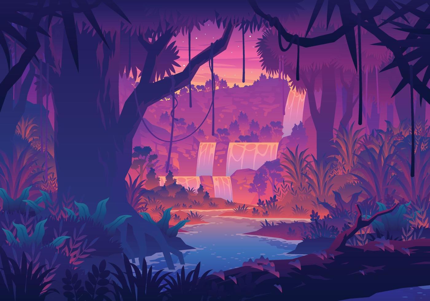 ilustración de paisaje de selva y río al atardecer vector