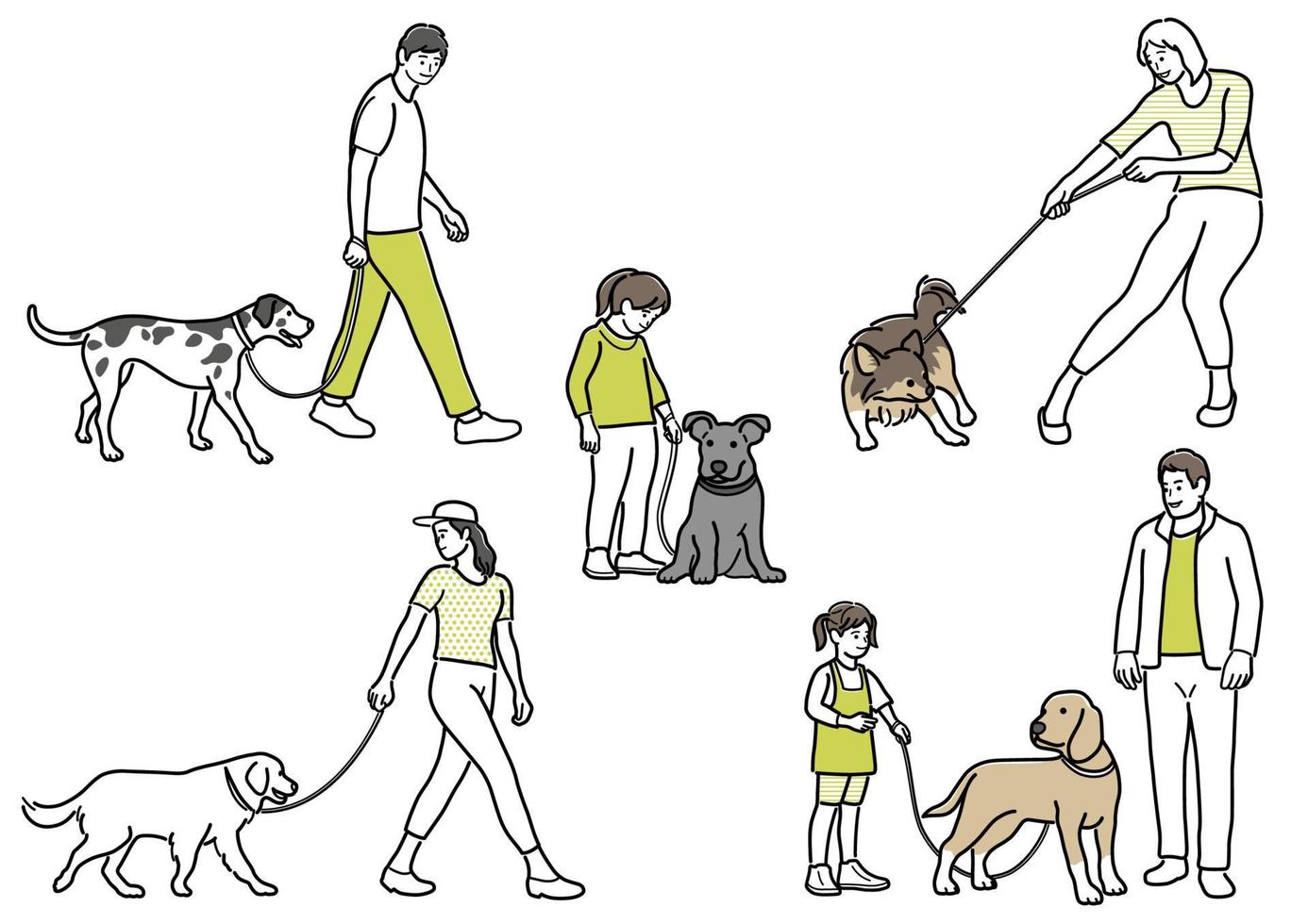 conjunto de gente feliz paseando a sus perros con correas. dibujos de líneas planas simples vectoriales aislados en un fondo blanco. vector