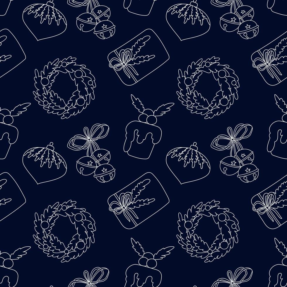 Vector seamless pattern in doodle style for Christmas and New Years ornaments and textiles. Hand-drawn background with wreath, bells, gift and Christmas pudding.