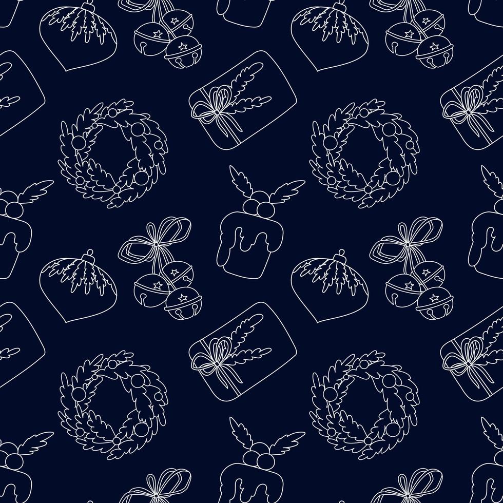 Vector seamless pattern in doodle style for Christmas and New Years ornaments and textiles. Hand-drawn background with wreath, bells, gift and Christmas pudding.