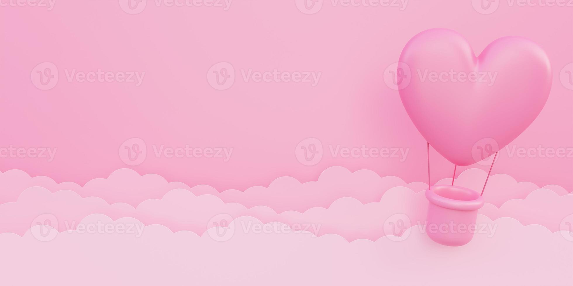 Valentine s day, love concept background, pink 3d heart shaped hot air balloon flying in sky with paper cloud photo