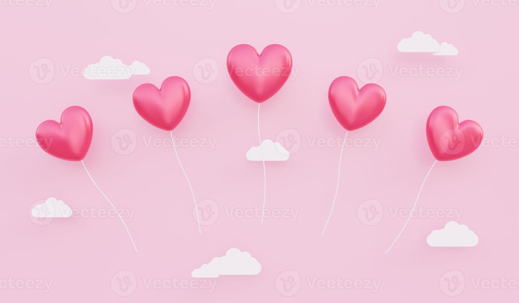 Valentine s day, love concept background, 3D illustration of red heart shaped balloons floating in the sky photo