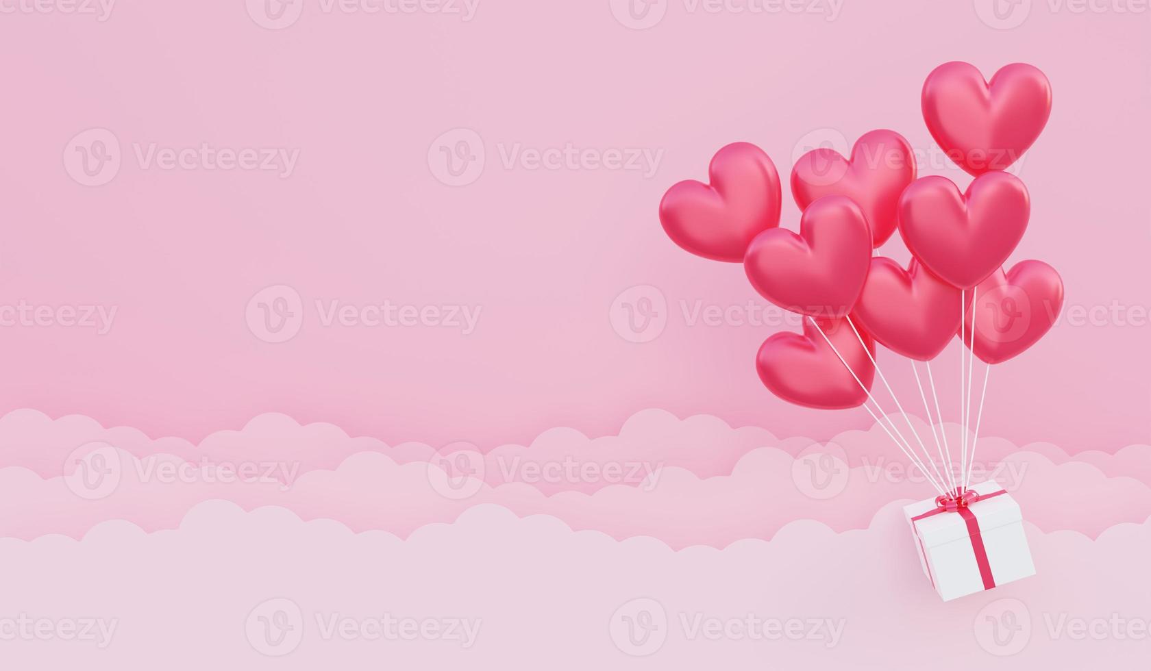 Fondo del día de San Valentín, ilustración 3d de un ramo de globos en forma de corazón rojo con una caja de regalo flotando en el cielo foto