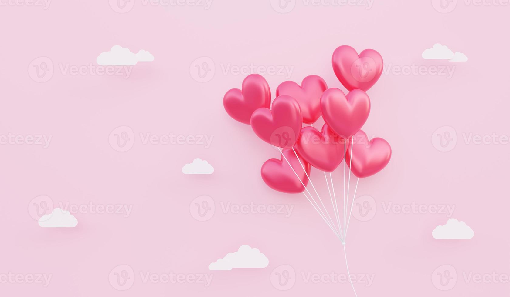 Valentine s day, love concept background, 3D illustration of red heart shaped balloons bouquet floating in the sky photo