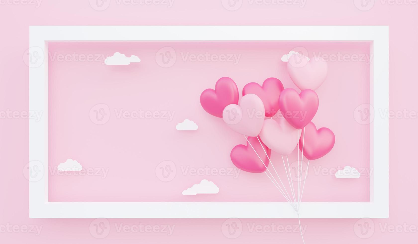 Valentine s day, 3D illustration of pink heart shaped balloons bouquet floating into frame with paper cloud photo