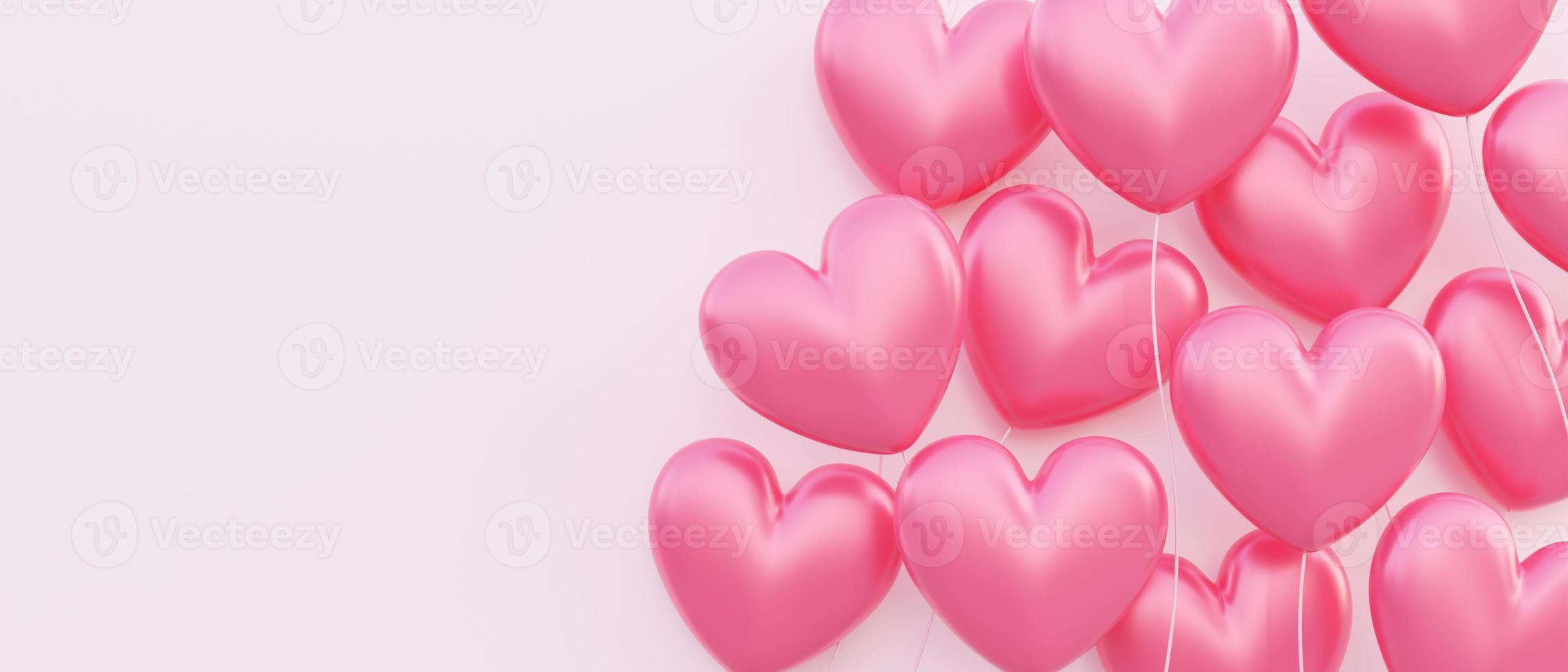 Fondo de banner del día de San Valentín, ilustración 3d de globos rojos en forma de corazón flotando superpuestos foto