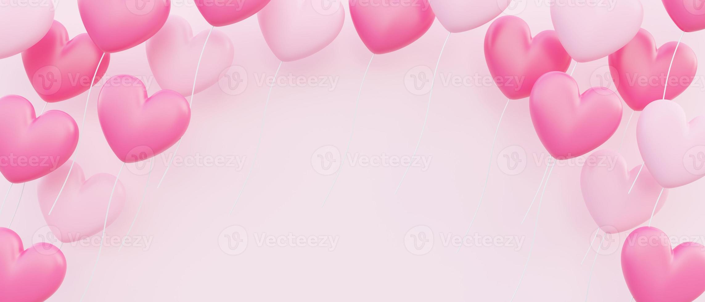 Fondo de banner del día de San Valentín, ilustración 3d de globos en forma de corazón rosa flotando superpuestos foto