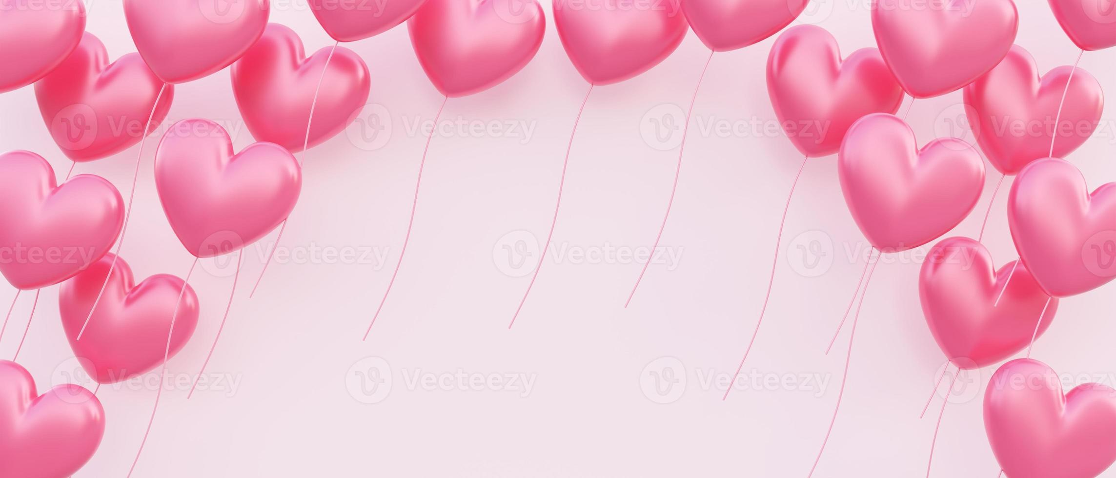 Fondo de banner del día de San Valentín, ilustración 3d de globos rojos en forma de corazón flotando superpuestos foto