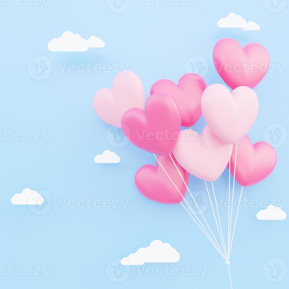 Valentine s day background, pink and white 3d heart shaped balloons bouquet floating in the sky with paper cloud photo