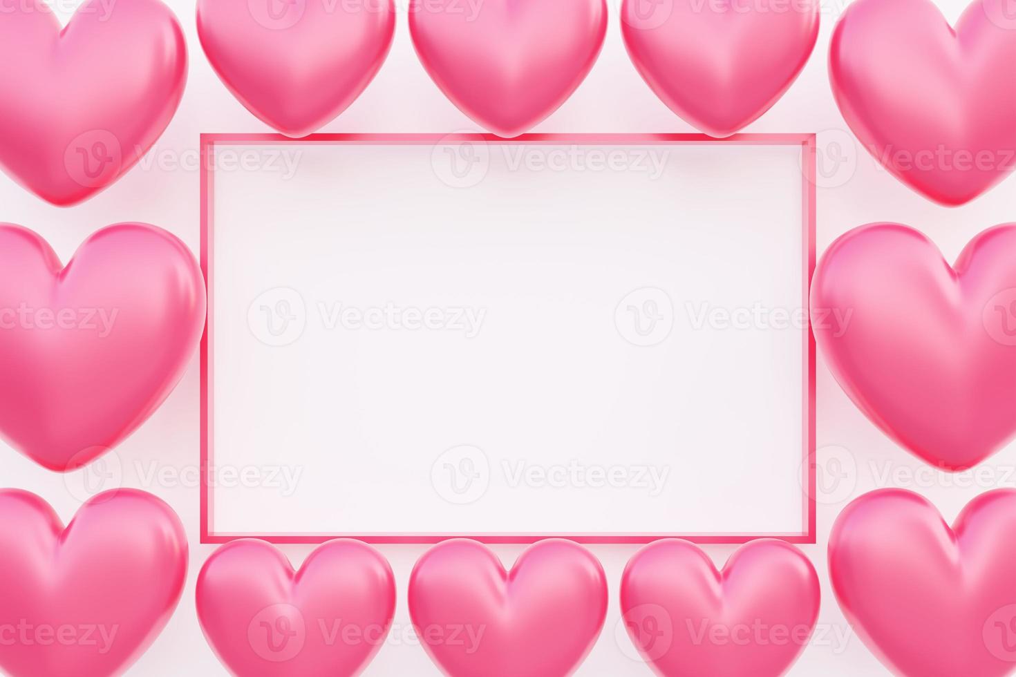 Valentine s day, love concept, 3D illustration of red heart shape background, greeting or advertising card, rectangle frame photo