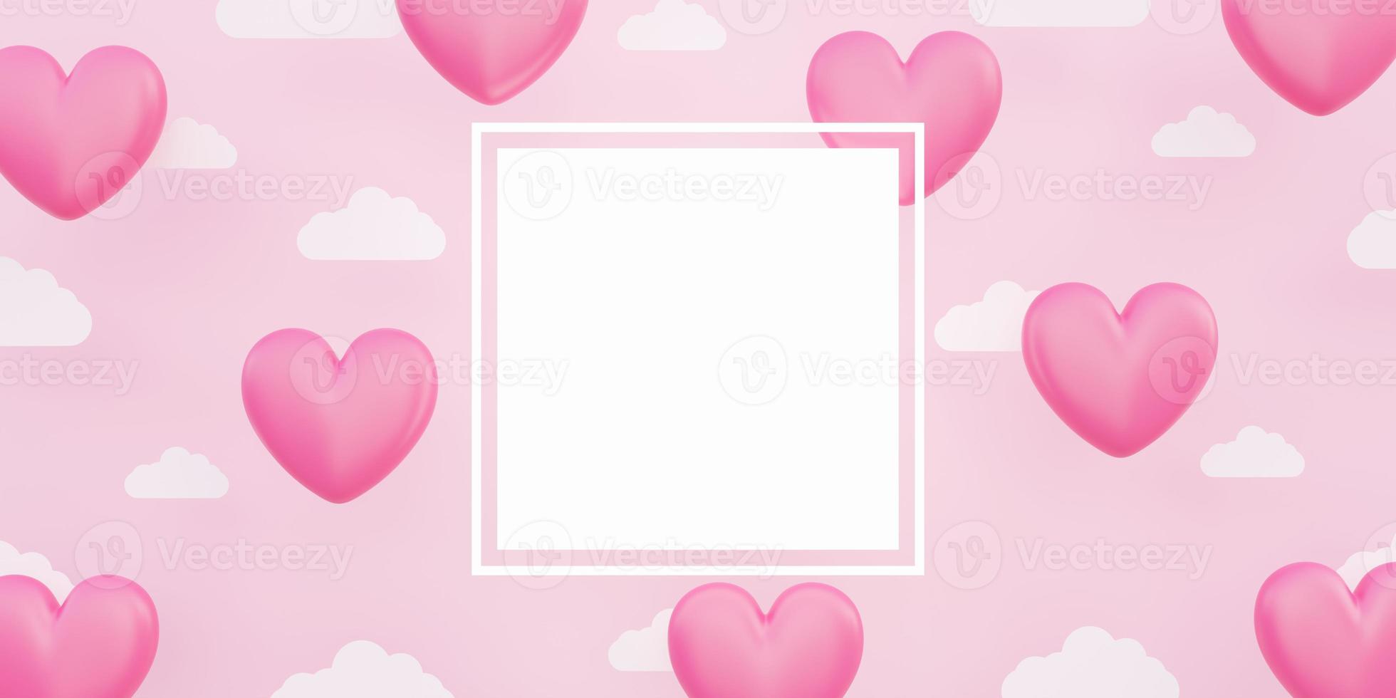 Valentine s day, 3D illustration pink heart shaped balloons floating in the sky with paper cloud photo