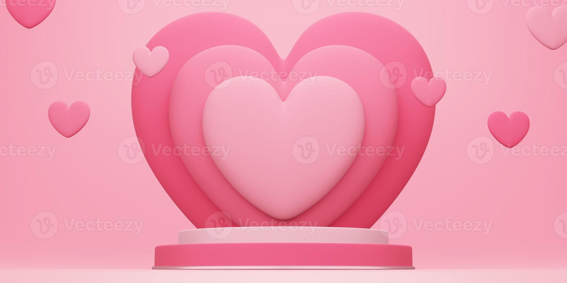 3D round podium or pedestal with red empty studio room, product background with heart overlap behind and heart floating photo