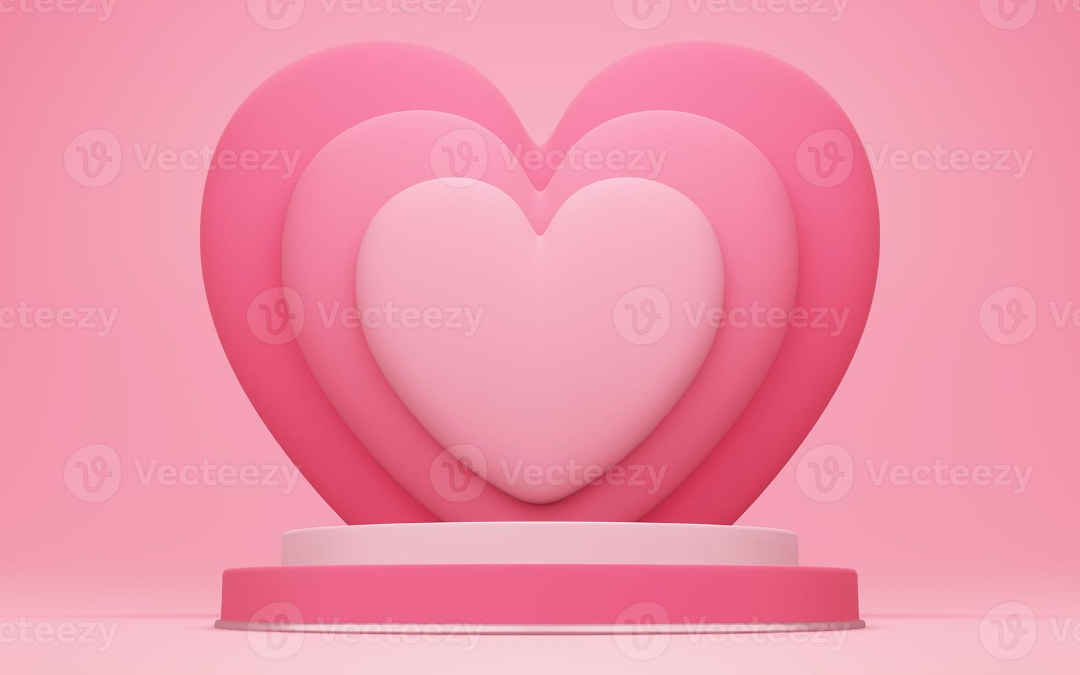 3D illustration of round podium or pedestal with red empty studio room, product background with heart overlap behind photo