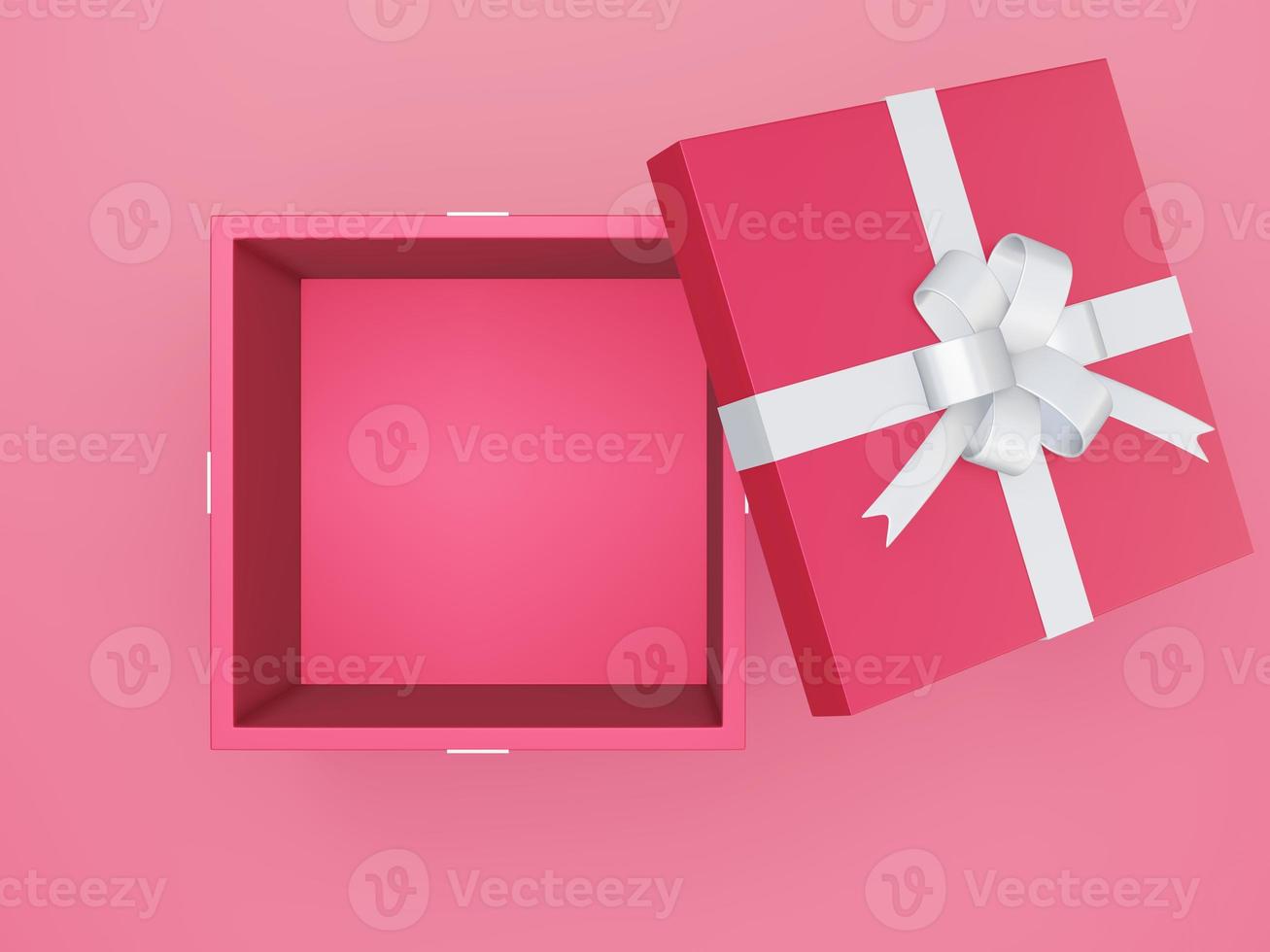 top view of 3d red opened gift box with white ribbon and blank space, empty package photo