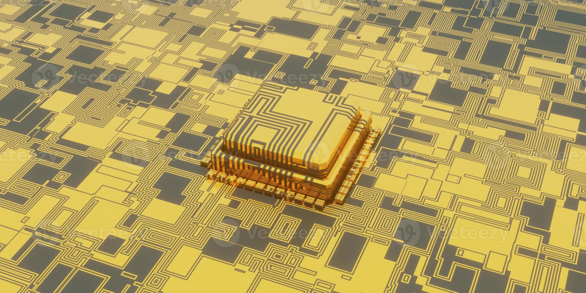 Ilustración 3d de fondo de tecnología microchip, perspectiva de placa de circuito de superficie digital foto