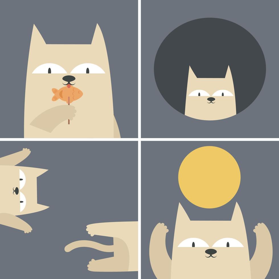 Collection of illustrations with funny cat. Cute pet in flat style vector