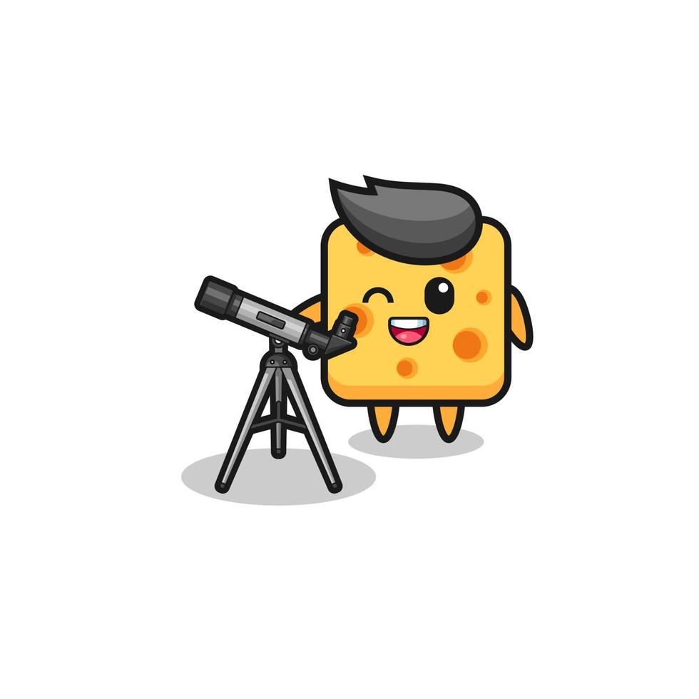 cheese astronomer mascot with a modern telescope vector