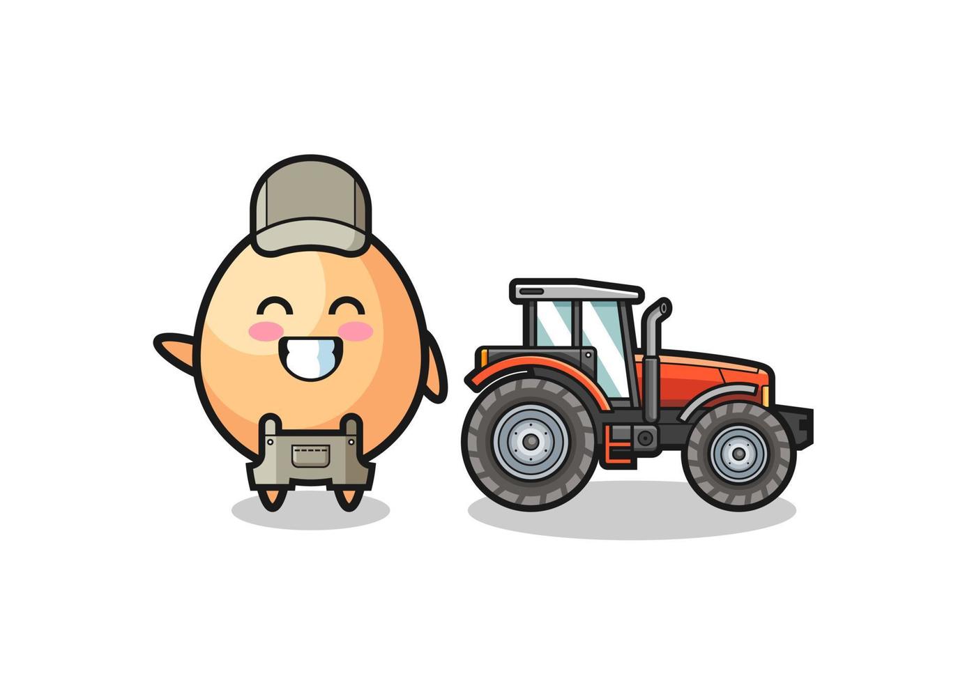 La mascota del granjero de huevos de pie junto a un tractor. vector