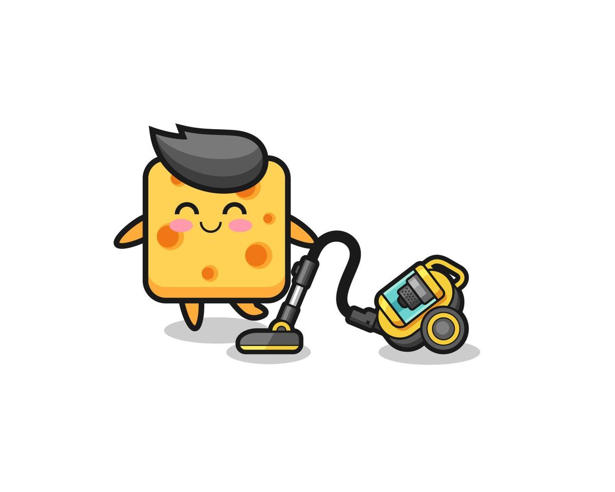 cute cheese holding vacuum cleaner illustration vector