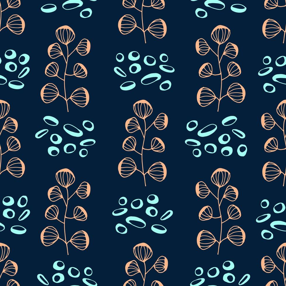 Seamless pattern hand drawn plants and abstract dots. Simple drawing on dark blue background. Vector illustration, printing on fabric, clothes, covers.