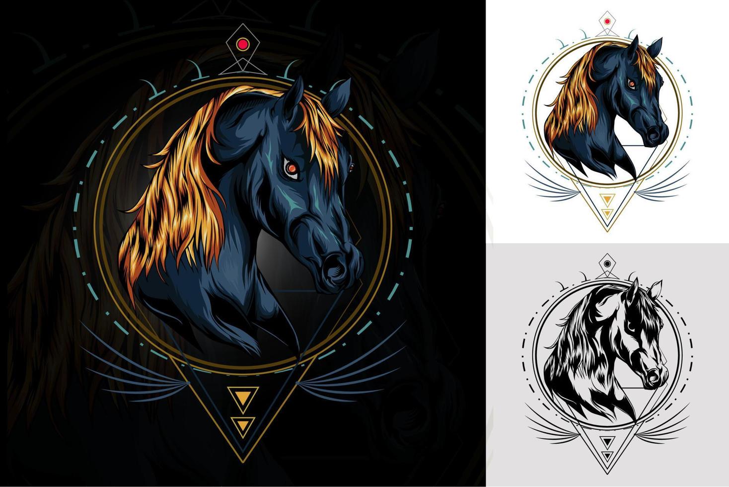 caballo de vector. Ilustración de cabeza de caballo con fondo de adorno. diseño de camiseta, decoración, bandana, impresión de obras de arte vector