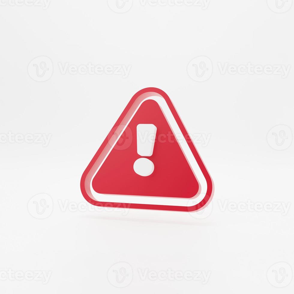 3d red hazard warning attention sign with exclamation mark symbol icon isolated on white wall background with shadow 3D rendering photo