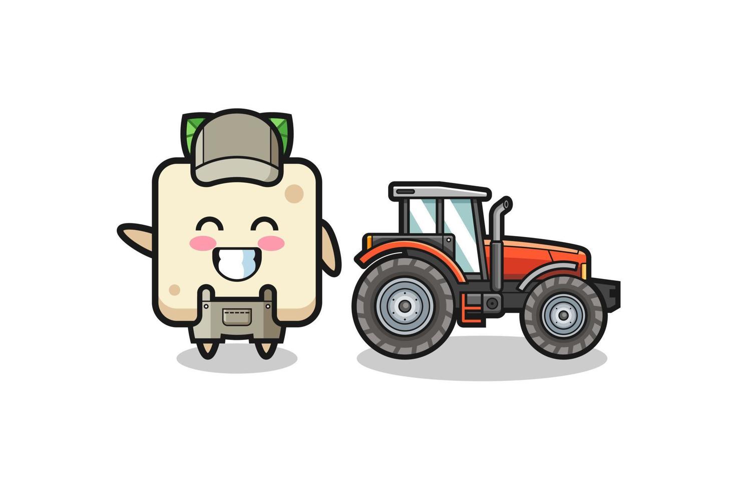 la mascota del granjero de tofu de pie junto a un tractor vector